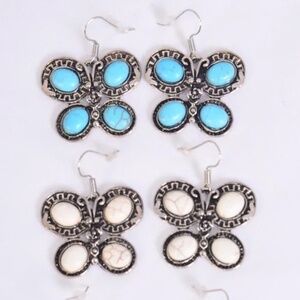 WHITE marbled Antiqued silver semiprecious stone butterfly earrings